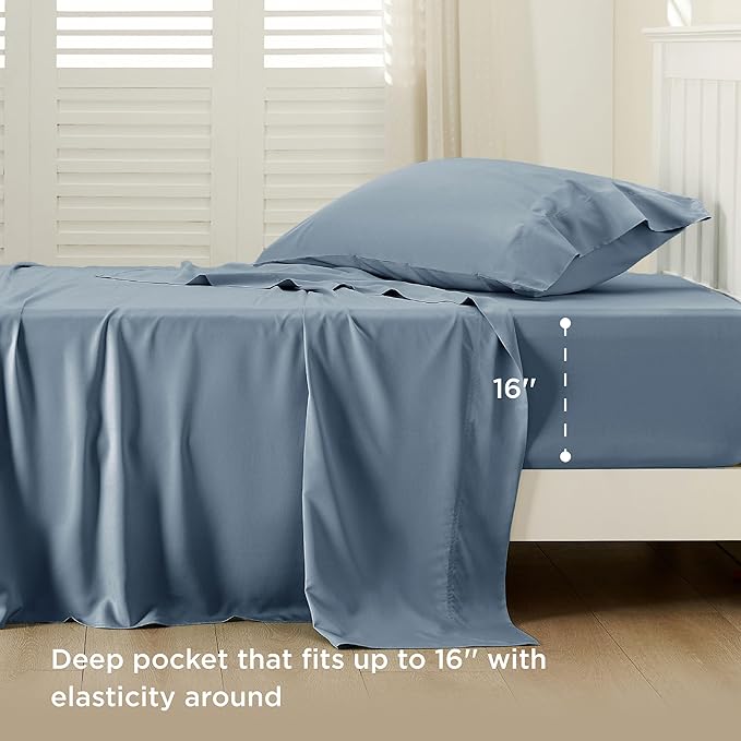 Bedsure Cooling Sheets Twin, Rayon Derived from Bamboo, Breathable & Soft Twin Sheets Set, Deep Pocket Up to 16 Inches, Hotel Luxury Silky Bedding for Hot Sleepers, Dusty Blue