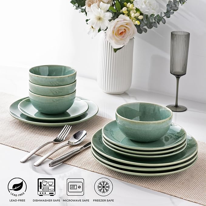 GBHOME Ceramic Dinnerware Sets for 4, 12 Pieces Stoneware Plates and Bowls Sets, Reactive Glaze Dishes -Scratch Resistant, Dishwasher&Microwave Safe-Malachite Green
