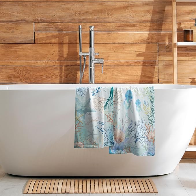 Imiss Nautical Coastal Starfish Bathroom Towels 14.4 x 28.3 Inch Ocean Themed Seashell Coral Decorative Soft Small Bath Fingertip Towels Set of 2 for Home Kitchen Hotel Decor