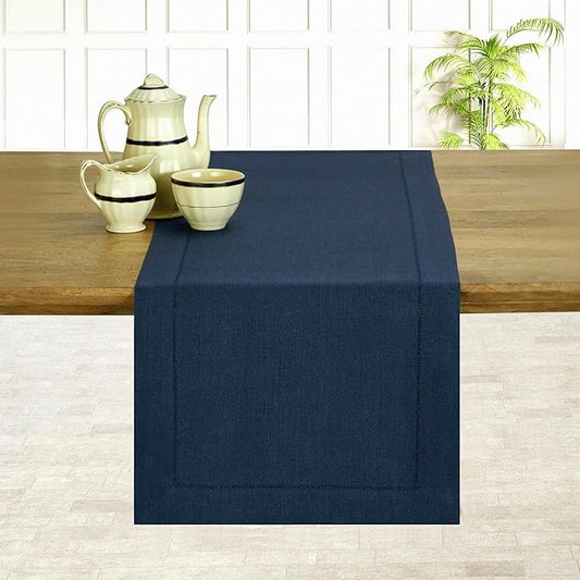 D'Moksha Homes Linen Navy Blue Table Runner 72 Inches Long - 100% Pure Linen Hemstitch Table Runner 14 x 72 Inch for Dresser, Dining, Winter, Holiday, New Year - Classic Hemstitch