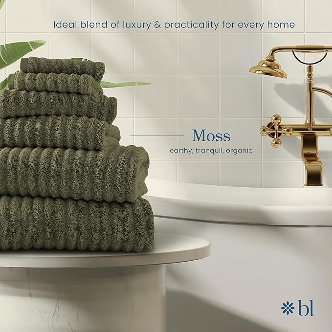 Blue Loom Ribbed Bath Towels Set, 100% Cotton 600GSM, Soft Absorbent Durable 2 Bath Towels, 2 Hand Towels, 2 Wash Cloths for Bathroom - Mason (58" x 30" inch Towels) (Moss, 6 Piece)