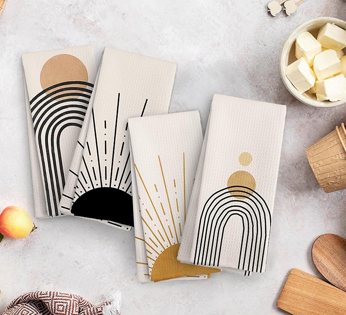 Boho Abstract Kitchen Towels and Dishcloths Set of 4, Mid Century Modern Decor Hand Towels, Boho Abstract Minimalist Sunshine Drying Cloth Hand Dish Tea Towel for Bathroom Kitchen, 16x24 Inches