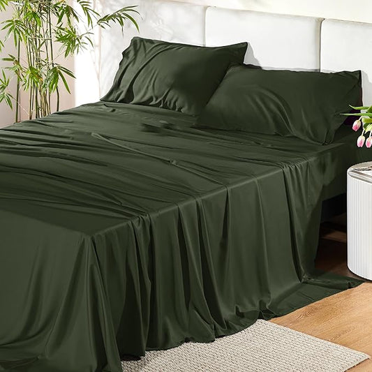 Bedsure King Size Sheets Set, Cooling Sheets for Hot Sleepers, Rayon Derived from Bamboo, Breathable & Soft, Deep Pocket Up to 16 Inches, Hotel Luxury Silky Bedding, Olive Green