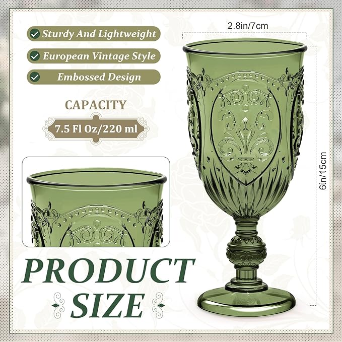 100 Pcs Plastic Goblets 7.5oz Vintage Goblet Plastic Wine Glasses Colored Retro Embossed Water Goblets for Wine Bar Juice Baby Shower Wedding Reception Grand Event Party (Olive Green)