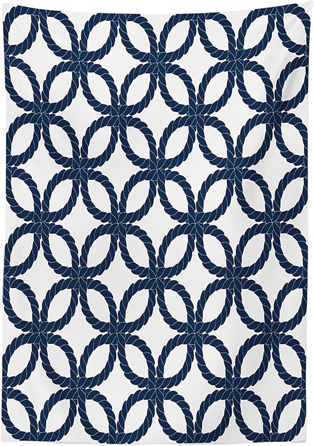 Ambesonne Navy Blue Tablecloth, Geometric Twisted Woven Motifs Artprint with Oriental Patterns Design, Rectangular Table Cover for Dining Room Kitchen Decor, 52" X 70", White Blue