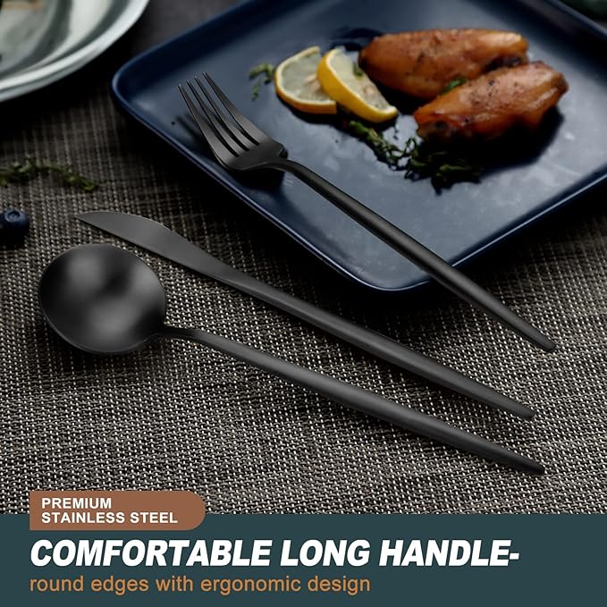 EUIRIO 48-Piece Matte Black Silverware Set with Steak Knives, Black Flatware Set for 8, Stainless Steel Forks and Spoons Silverware Sets, Black Cutlery Utensils Set, Satin Finish & Dishwasher Safe