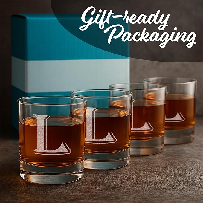 (L-Monogram)- 4 Piece Set of 11 Ounce Engraved Heavy Base Rocks Glasses Elegant Glass-Multi-Purpose Beverage-Rocks Glass- Gift for any Occasion- By: On The Rox