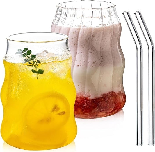 2 Pcs Ribbed Glass Cups Set with Straws 18 Oz Vintage Drinking Glassware Ripple Cocktail Glasses for Iced Coffee Soda Tea Juice Beverage Milk Reusable Tumblers