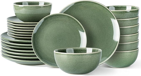 AmorArc Ceramic Dinnerware Sets for 8, 24 Pieces Handpainted Plates and Bowls Set, Scratch Resistant Stoneware Dishes Set, Dishwasher & Microwave Safe, Jade Green