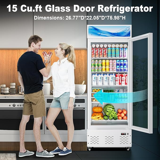 15 Cu.ft. Commercial Beverage Fridge Merchandiser Refrigerator Glass Door Upright Display Cooler with LED Light and Adjustable Shelves for Restaurant Grocery Stores Home, White