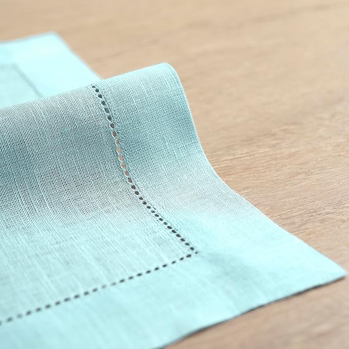 Solino Home Linen Cloth Placemats Set of 4-100% Pure Linen Hemstitch Aqua Blue Placemats 14 x 19 Inch - Classic Hemstitch Table Place Mats for Winter