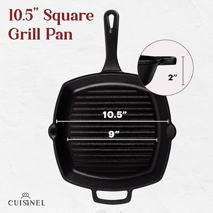 Cuisinel Cast Iron Grill Pan + Rectangular Cast Iron Grill Press + Tempered Glass Lid + Pan Scraper – Pre-Seasoned Ribbed Skillet – 10.5"-Inch Square Grilling Indoor/Outdoor Camping Fire BBQ Cookware