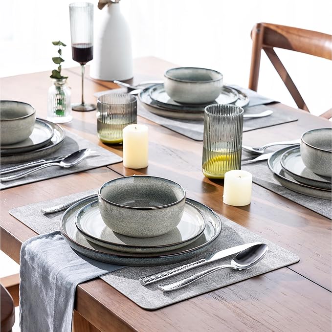 GBHOME 24 Pieces Double Bowls Ceramic Dinnerware Sets for 6, Stoneware Plates and Bowls Set with Reactive Glaze, Scratch Resistant Stoneware Dishes Set, Dishwasher & Microwave Safe