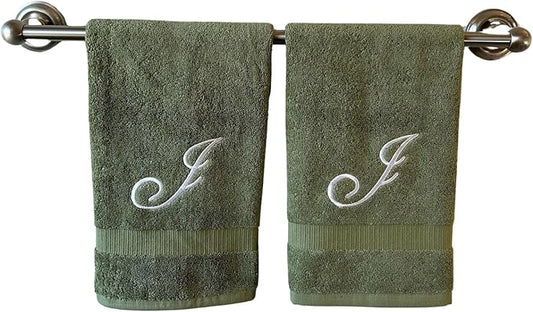 Sage Monogrammed Hand Towels for Bathroom - Luxury Hotel Quality Personalized Initial Embroidered Towel for Powder Room, Spa - GOTS Organic Certified - Set of 2 White Letter J