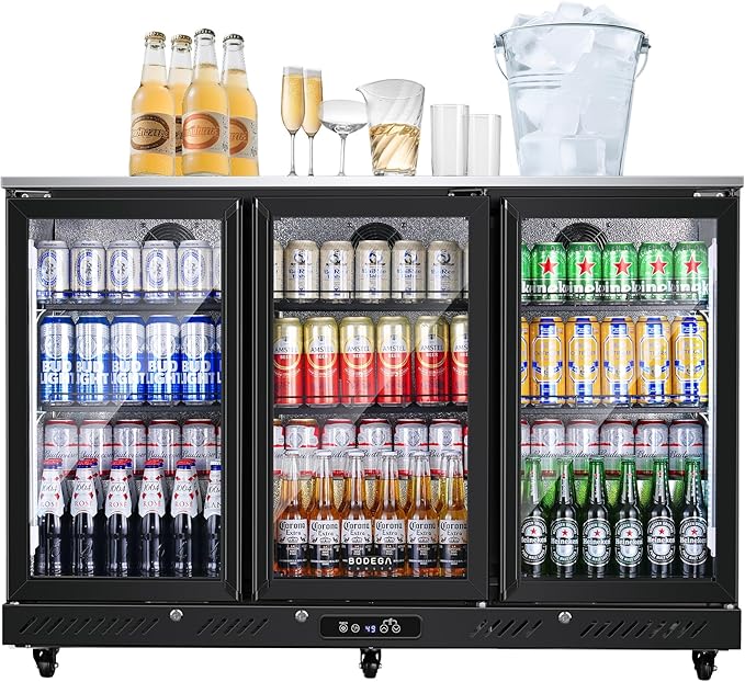BODEGACOOLER Back Bar Cooler with 3 Glass Doors,12 Cu.Ft Undercounter Commercial Bar Beverage Refrigerator,Stainless Steel Top Drink Fridge for Beer Soda LED Lighting,DOE Approved,Restaurant,Store