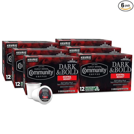 Community Coffee Dark & Bold Exxtra Boost 72 Count Coffee Pods, Compatible with Keurig 2.0 K-Cup Brewers, 12 Count (Pack of 6)