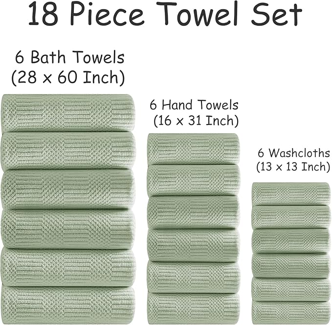 18 Pcs Green Woven Family Towels Set-6 Bath Sheets,6 Hand Towels,6 Washcloths Soft Polyester Towels Absorbent Shower Towel Quick Dry Beach Chair Towel Lint Less Towels Set for Bathroom Spa Gym Hotel