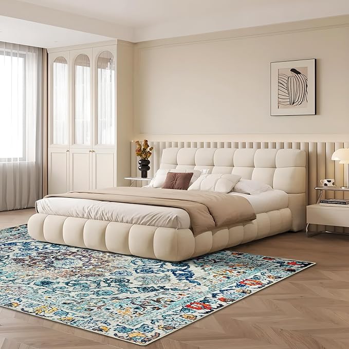 Easy-Going Area Rug 6x9 Washable Boho Rugs for Living Room Non-Slip Bedroom Rug Low Pile Lightweight Medallion Distressed Throw Rug for Dining Room Kitchen Home Office Carpet, Vintage Multi