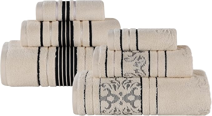 Superior Cotton 6 Piece Assorted Floral Towel Set, Includes 2 Bath, 2 Hand, 2 Washcloth/Face Towels, Quick Dry, Home Essentials, Shower, Spa, Luxury Plush Soft Absorbent Towels, Zero Twist, Ivory