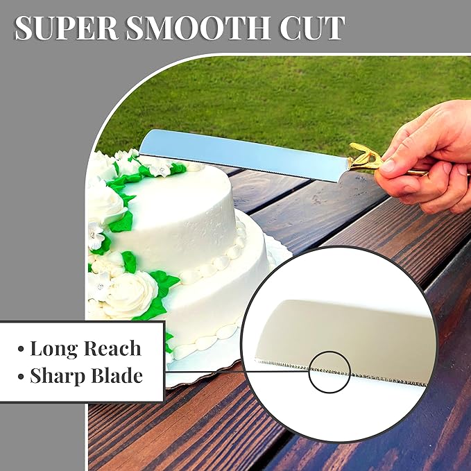 Wedding Cake Knife and Server Set with Gold Branch and Leaf Handles - 4-Piece Cake Cutting Set for Weddings with Engraved Forks - Rustic Gold Cake Cutter & Serving Gift Box