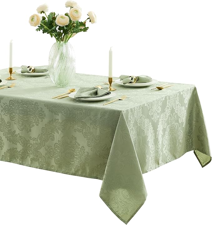 Newbridge Christmas Barcelona Damask Fabric Tablecloth, 60 x 84 Inch Oval, Sage Green – No Iron, Soil Resistant Table Cover for Dining, Parties and Holidays