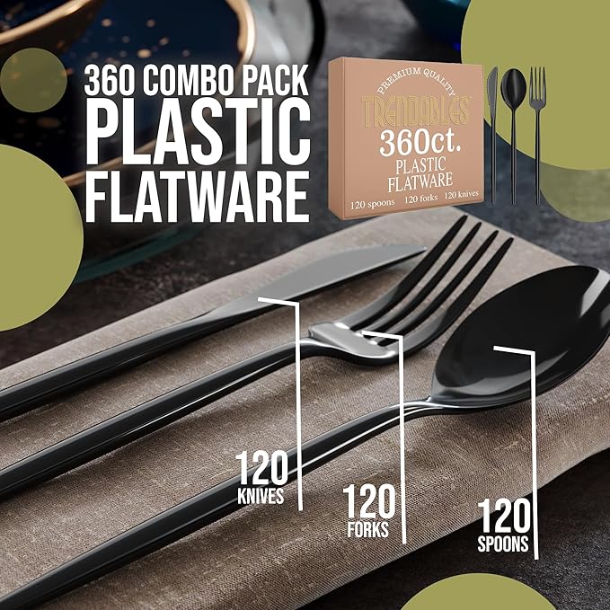 Trendables Black Plastic Silverware Set Black Silverware Disposable Forks and Spoons Disposable 360 Pack Plastic Utensils Set Includes 3 x 120 each Knives & Spoons & Forks For Parties and Events