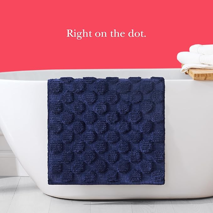 Kate Spade New York Dotted Woven Bath Rug, 21 in x 34 in, Absorbent Bath Mat, Slip Resistant, Made from 100% Cotton, Machine Washable, French Navy
