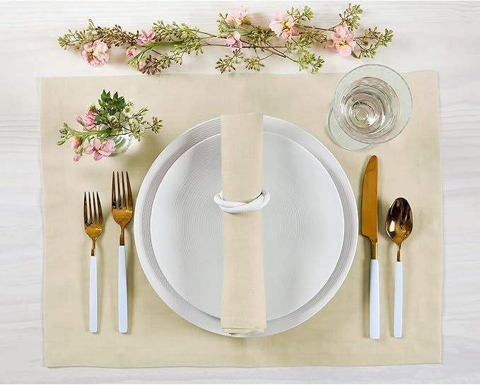 Solino Home Linen Cloth Placemats Set of 4 - 100% Pure Linen Birch Placemats 14 x 19 Inch - Fete