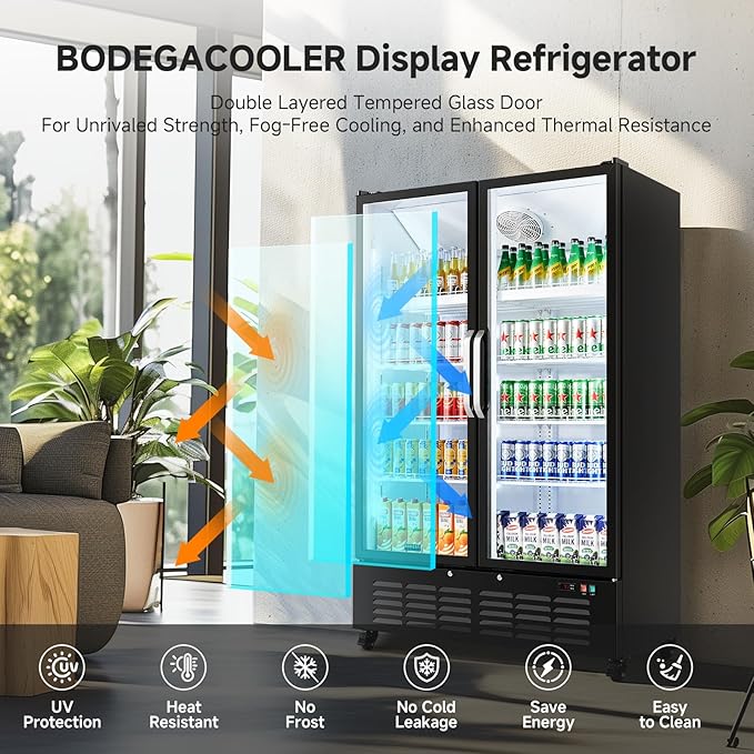 BODEGACOOLER Commercial Merchandiser Refrigerator, 36.8 Cu.Ft Upright Display Beverage Cooler, 2 Glass Door Display Refrigerator with Soft LED Light, Adjustable Shelves, 4 Strong Castors(Black)