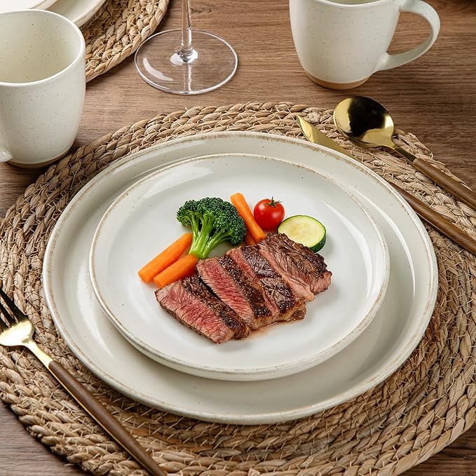 AmorArc 24 Pieces Ceramic Dinnerware Sets for 8, Handpainted Stoneware Plates and Bowls Set with Rustic Terracotta Underside, Scratch Resistant Dishes Set, Dishwasher & Microwave Safe