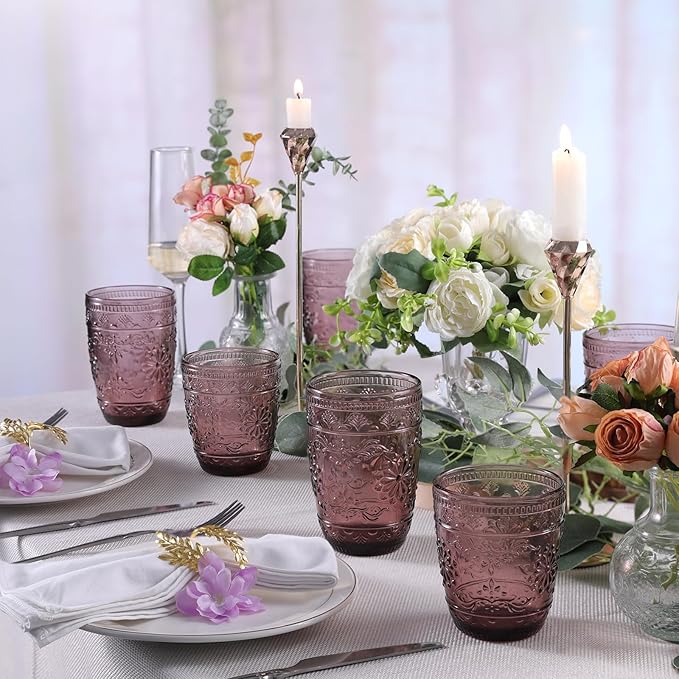 Purple Glassware set of 4, 10OZ Drinking Glasses, Purple Heavy Duty Glass Cups, Colored Glassware Set, Embossed Glasses Set for Party Wedding Home Office Gift