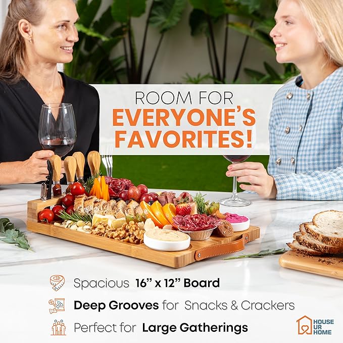 Bamboo Charcuterie Board Gift Set with Leather Handles, Knives, Wine Opener & Bowls – Elegant for Hosts, Couples & New Homeowners