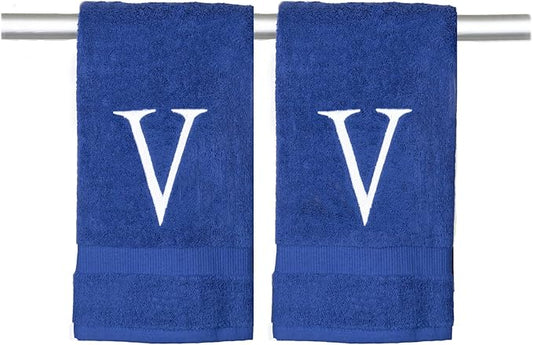 Navy Initial Hand Towel for Bathroom - Monogrammed Luxury Hotel Quality Decorative Embroidered Towel for Powder Room, Spa - GOTS Organic Certified - Set of 2 Letter V