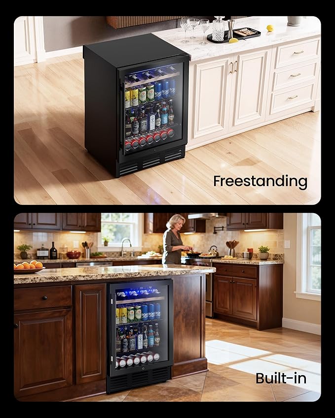 24 In Beverage Refrigerator, 112 Cans & 8 Bottles Wine Fridge with Double-Layer Glass Door, Built-In or Freestanding Wine and Beverage Refrigerator, Under Counter Fridge for Home/Bar/Cafe