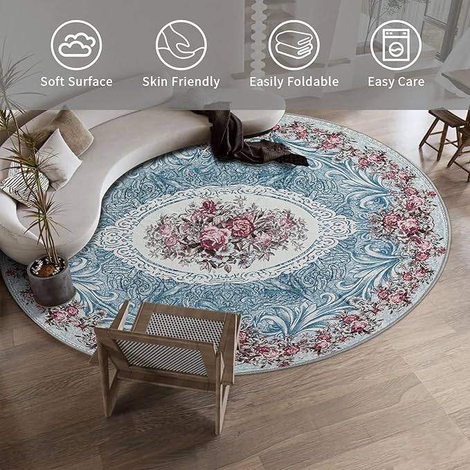 Easy-Going Round Rug 6ft Area Rug Washable Floral Circle Rugs for Living Room Non-Slip Bedroom Rug Low Pile Lightweight Retro Flowers Throw Rug for Dining Room Kitchen Home Home Office, Teal Red
