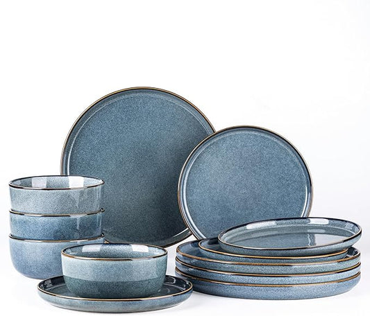 GBHOME Ceramic Dinnerware Sets for 4, 12 Pieces Stoneware Plates and Bowls Sets, Reactive Glaze Dishes -Scratch Resistant, Dishwasher&Microwave Safe, Space Blue