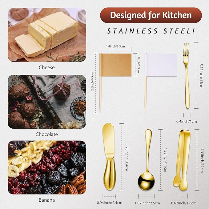 Patelai 14 Pieces Charcuterie Board Accessories Cheese Spreader Knives Set Stainless Steel Charcuterie Utensils Spreader Knives Mini Serving Tongs Spoons and Forks for Cheese and Pastry Making (Gold)