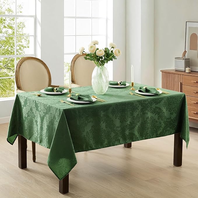 Newbridge Christmas Barcelona Damask Fabric Tablecloth, 52 x 70 Inch Rectangle, Hunter Green – No Iron, Soil Resistant Table Cover for Dining, Parties and Holidays