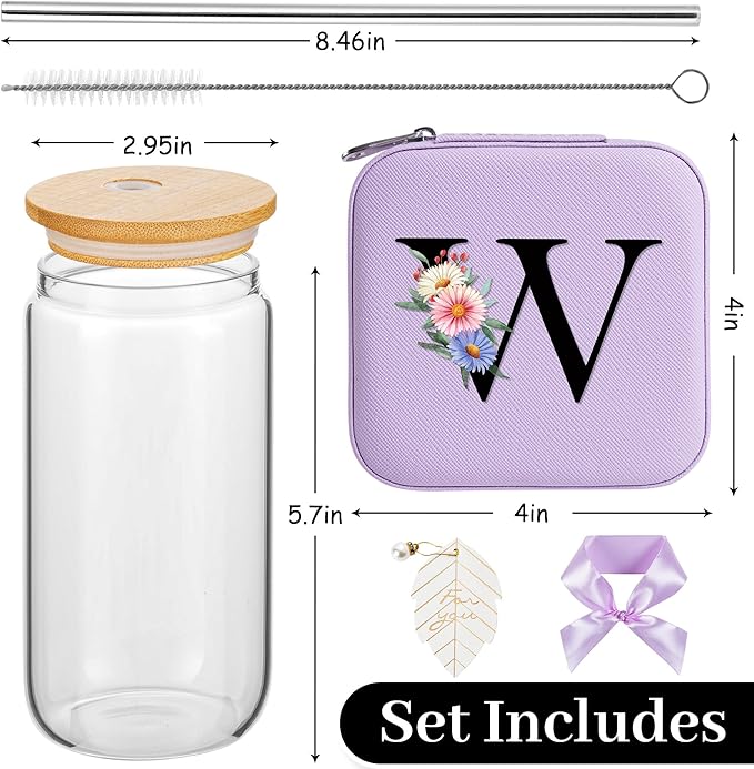 AYGXU Initial Glass Cup - Personalized Birthday & Graduation Gifts for Her, 16oz Tumbler with Small Jewelry Organizer Box, Purple