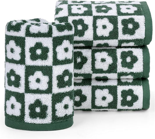 Jacquotha Cotton Hand Towels Green Checkered Floral - Quick Drying Hand Towel Set of 4, for Christmas Bathroom Decor, 29” x 13”