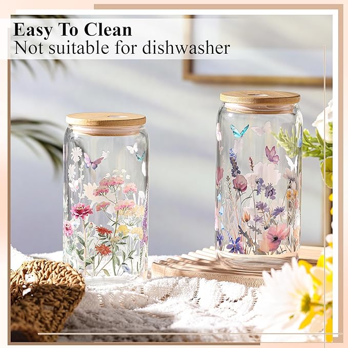 Mumufy Gift for Women Cute Glass Cup Tumbler Flower Iced Coffee Mugs 16 oz Glass with Bamboo Lid & Straw, Mothers Day Birthday Gift for Mom Sister Bridesmaid Baby Shower(2 Pack,Wild Flower2)