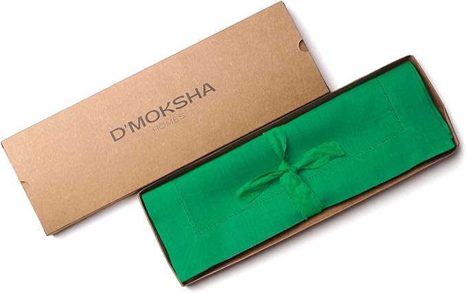 D'Moksha Homes Linen Placemats Set of 4 - Classic Hemstitch Kelly Green Placemats 14 x 19 Inch - 100% Pure Linen Table Mats for Winter, Holiday, New Year - Handcrafted and Machine Washable