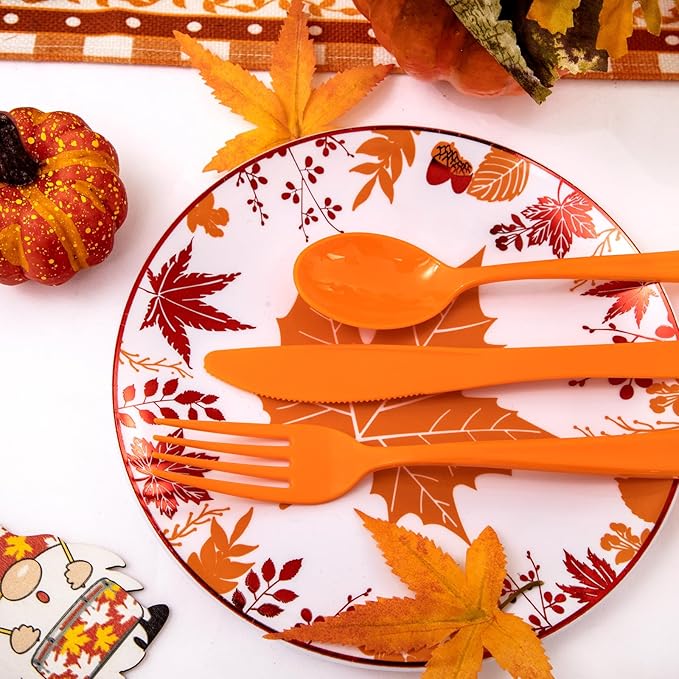 NOCCUR 180PCS Thanksgiving Plastic Silverware Disposable - Orange Plastic Cutlery Include 60 Forks, 60 Spoons, 60 Knives Ideal for Fall Party&Thanksgiving