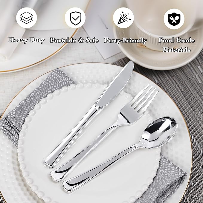 N9R 120 Pack Pre Rolled Silver Plastic Silverware Set, Wrapped Silverware Set Disposable with 120 Forks, 120 Knives, 120 Spoons, 120 Napkins, Disposable Cutlery Set for Party and Wedding