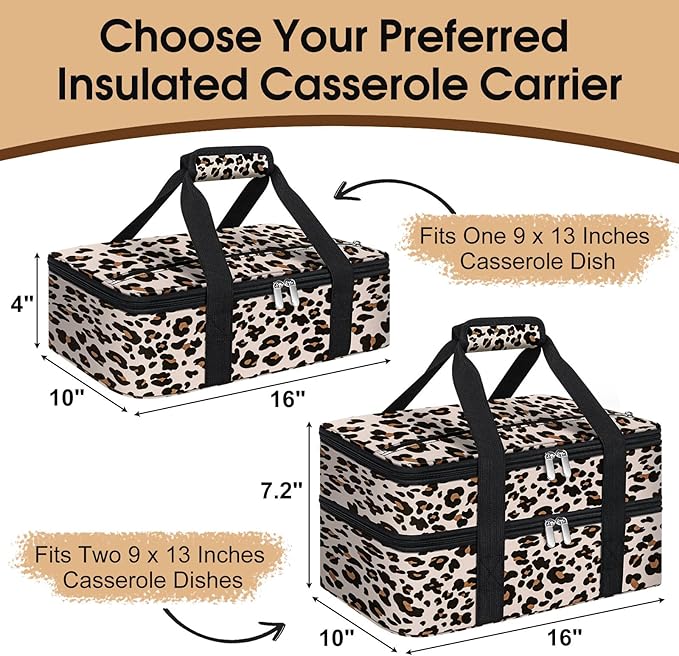 Insulated Casserole Carrier, Portable Casserole Carrier for Hot or Cold Food Lunch Tote Warmer or Cooler Bag, Lasagna Lunch Bag for Potluck Parties- Fits 9" x 13" Baking Dish-Leopard