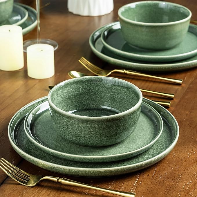 AmorArc Stoneware Dinnerware Sets,Round Reactive Glaze Ceramic Plates and Bowls Set,Highly Scratch Resistant | Dishwasher & Microwave Safe Dishes,Service for 6 (18pc) Jade Green