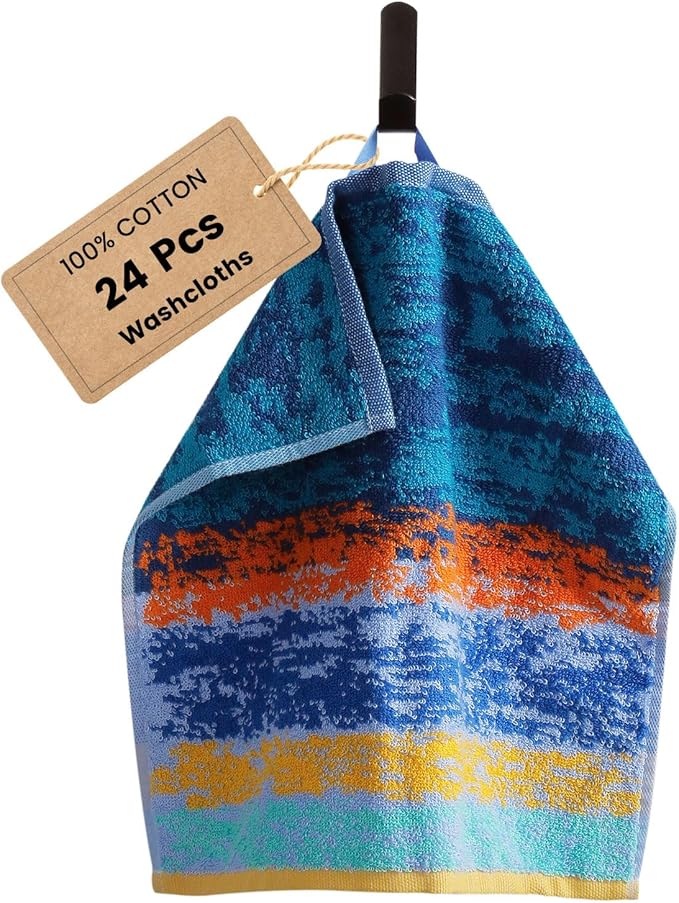 SEMAXE 100% Cotton Washcloths for Bathroom - 24 Pack, Quick-Dry Face Towels with Hanging Loop, Highly Absorbent and Soft, 13x13 Inch, Deep Blue | Light Blue