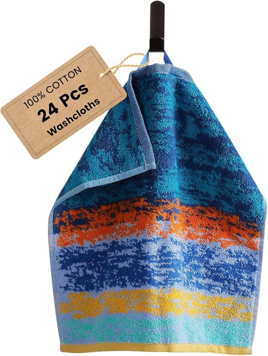 SEMAXE 100% Cotton Washcloths for Bathroom - 24 Pack, Quick-Dry Face Towels with Hanging Loop, Highly Absorbent and Soft, 13x13 Inch, Deep Blue | Light Blue
