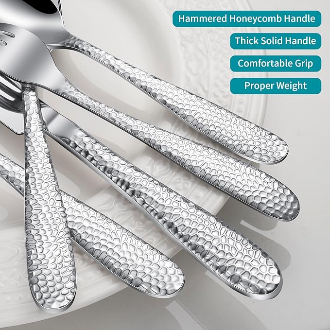 Hammered Silverware Set, 40-Piece Heavy Duty Stainless Steel Flatware Sets for 8, Food-Grade Cutlery Set for Home Restaurant, Mirror Polished, Dishwasher Safe