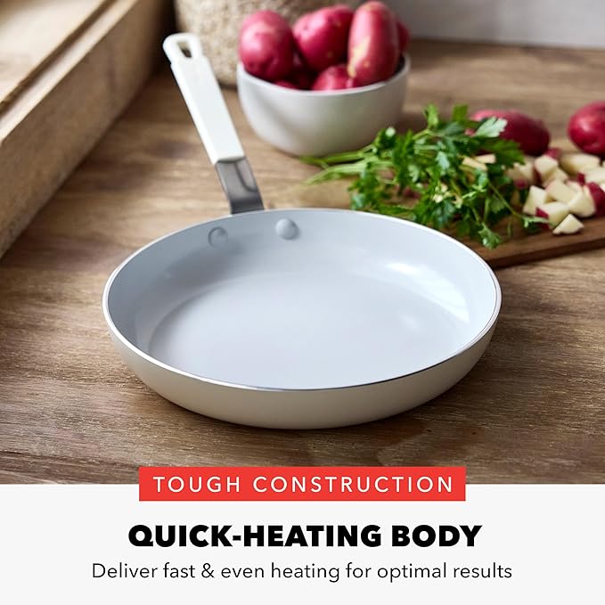 GreenPan x Bobby Flay 8" Nonstick Frying Pan Skillet, PFAS-Free Diamond Ceramic, Induction Suitable, Stay-Cool Silicone Handle, Easy Clean Dishwasher & Oven Safe, Egg & Omelet Pan, Cream